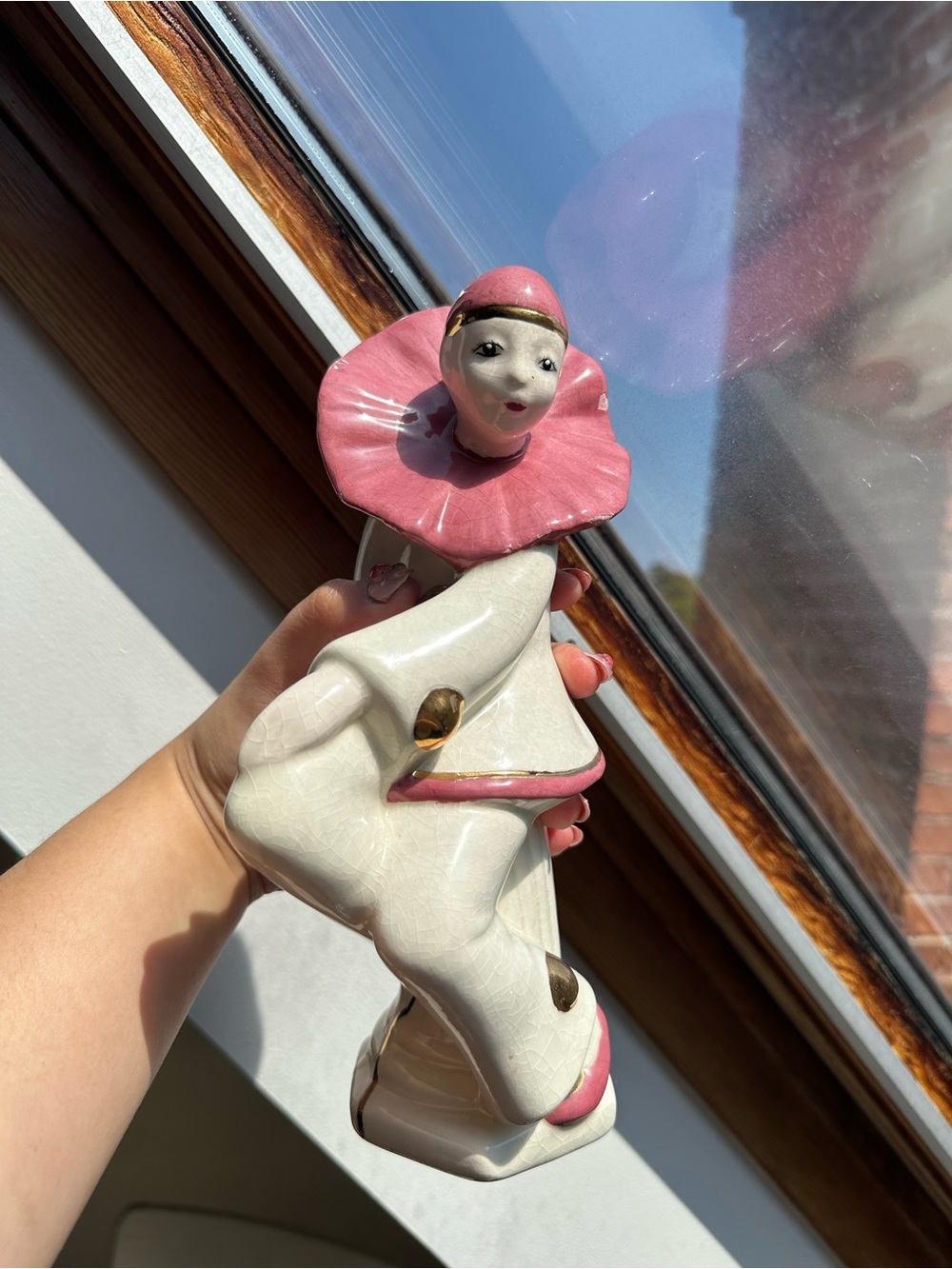 Vintage Porcelain Pierrot Figurine in Pink and Cream - As Is
